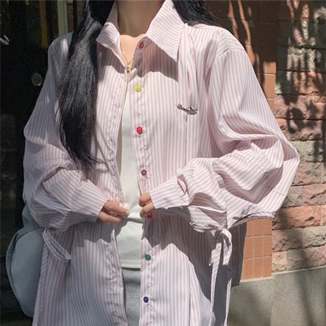 Striped Collared Long Sleeve Button-Up Shirt