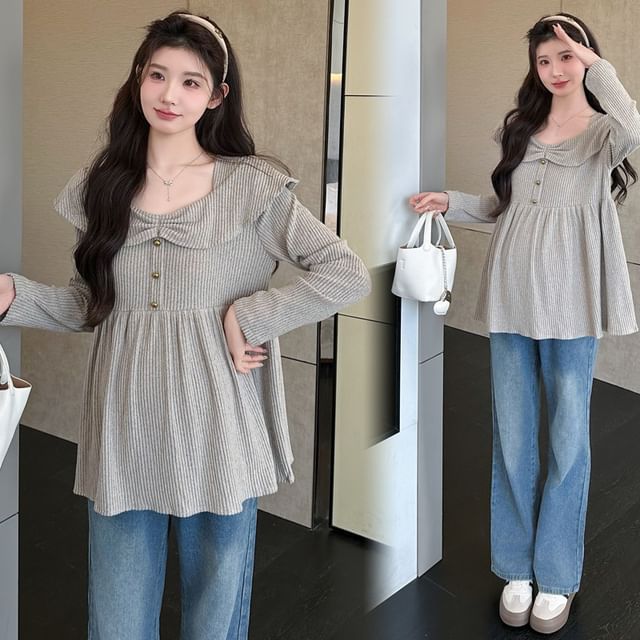 Maternity Square Neck Peplum Ribbed Top with Buttons