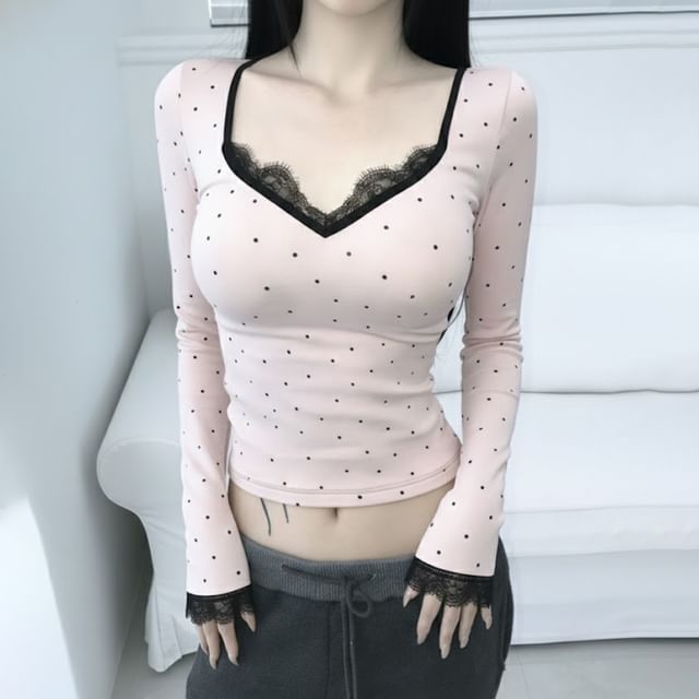 Dotted Crop Top with Lace Trim V-Neck and Long Sleeves