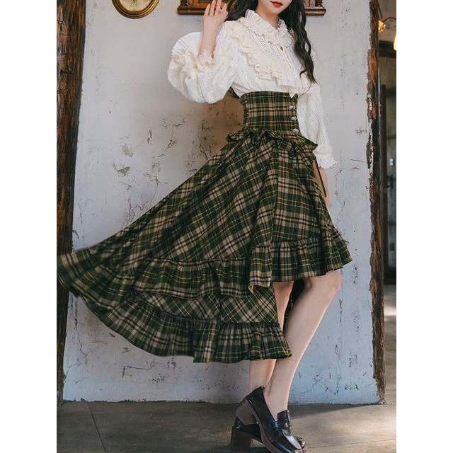 Lace Trim Blouse and Plaid Midi Skirt Set