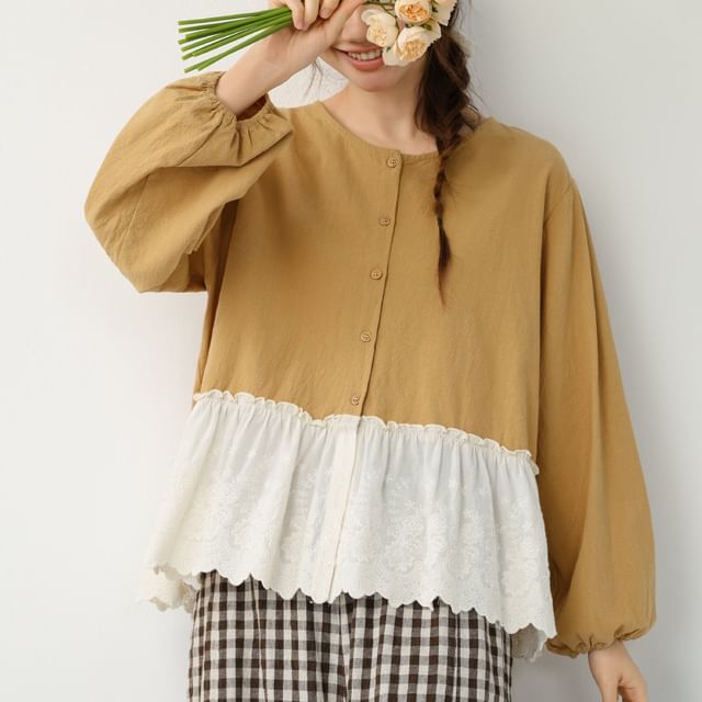 Round Neck Long Sleeve Lace Trim Button Blouse