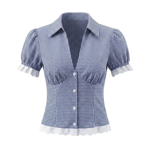 Puff Sleeve V-Neck Lace Trim Plaid Fitted Blouse and Mini Pleated Skirt