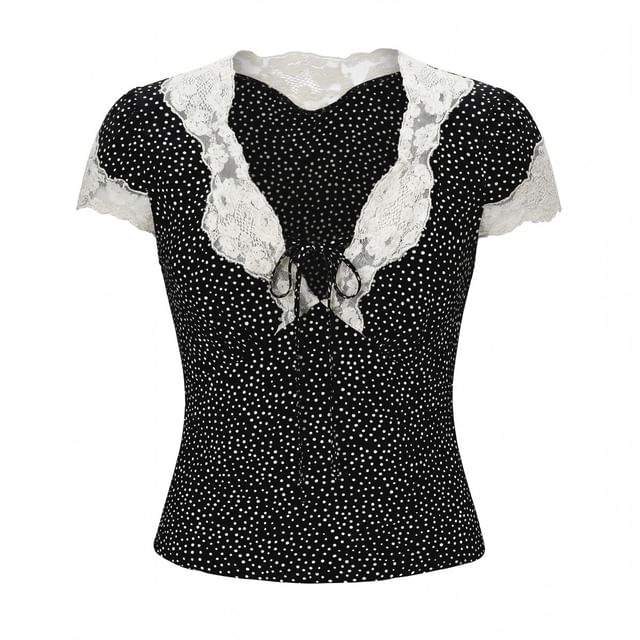 Short Sleeve V-Neck Lace Trim Dotted Fitted Top and High Waist Mini Skirt