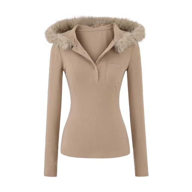 Fluffy Trim Half-Buttoned Slim-Fit Hoodie