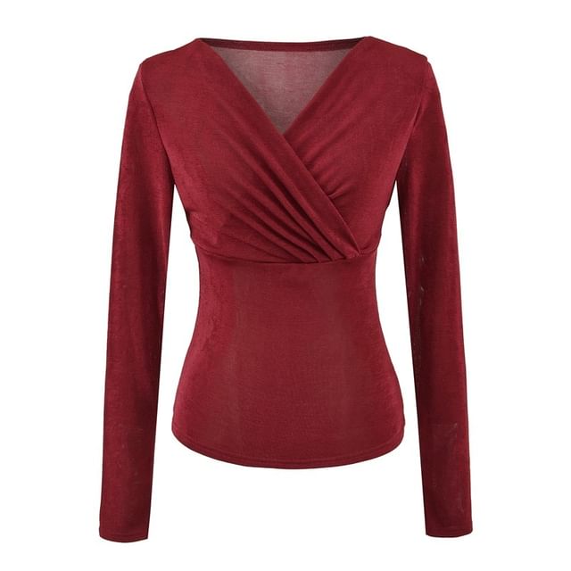 Ruched V-Neck Crop Tee Long Sleeve