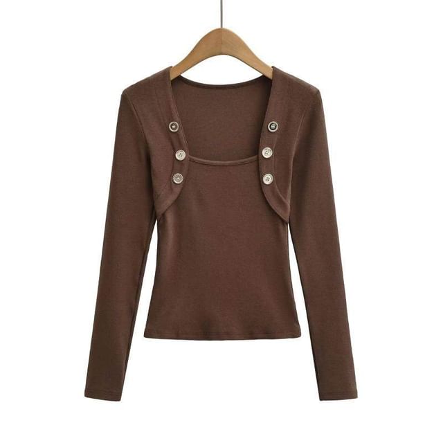 Square Neck Button Detail Tee with Long Sleeves