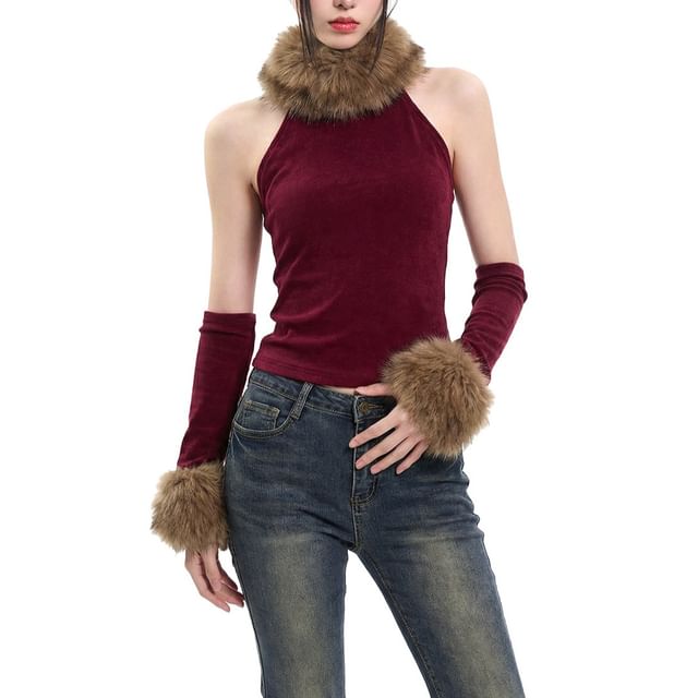 Fluffy Trim Halter Crop Top Set