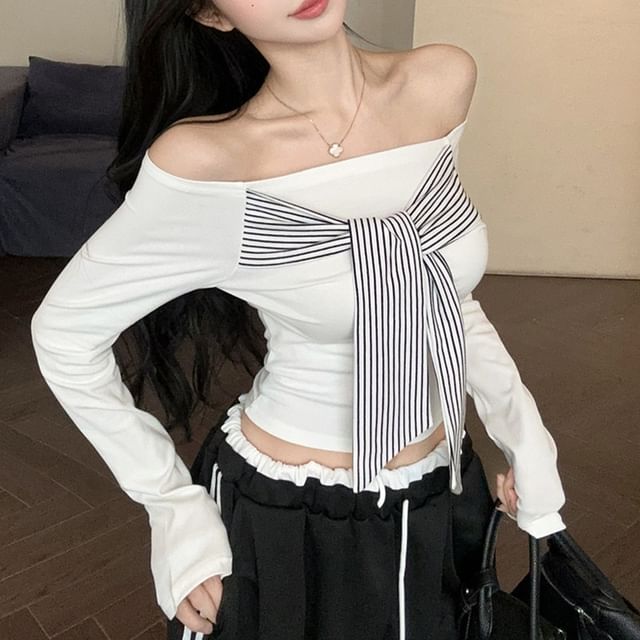 Striped Off-Shoulder Crop Tee with Tie Front