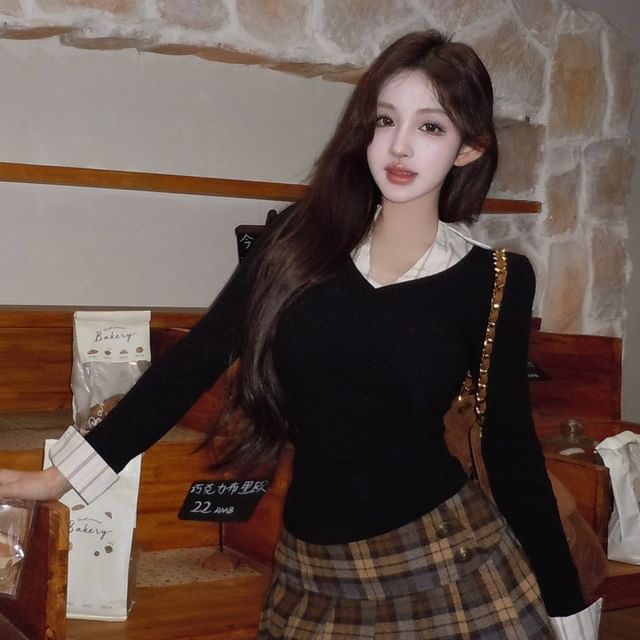 Mock Two-Piece Collared Top & Plaid Pleated Skirt