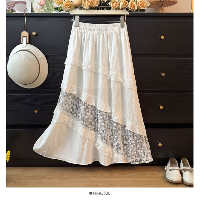 Tiered Maxi A-Line Skirt with Lace Panels