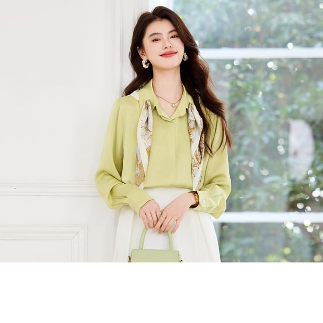 Collared Blouse, Midi Skirt, and Scarf Set