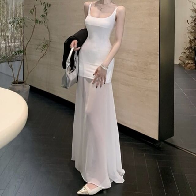 Spaghetti Strap Scoop Neck Plain Ruched Maxi A-Line Dress