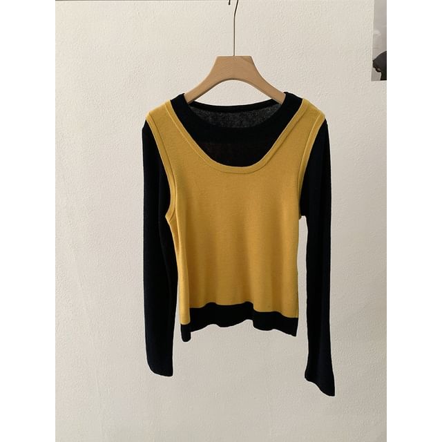 Two-Tone Knit Top with Mock Two-Piece Design