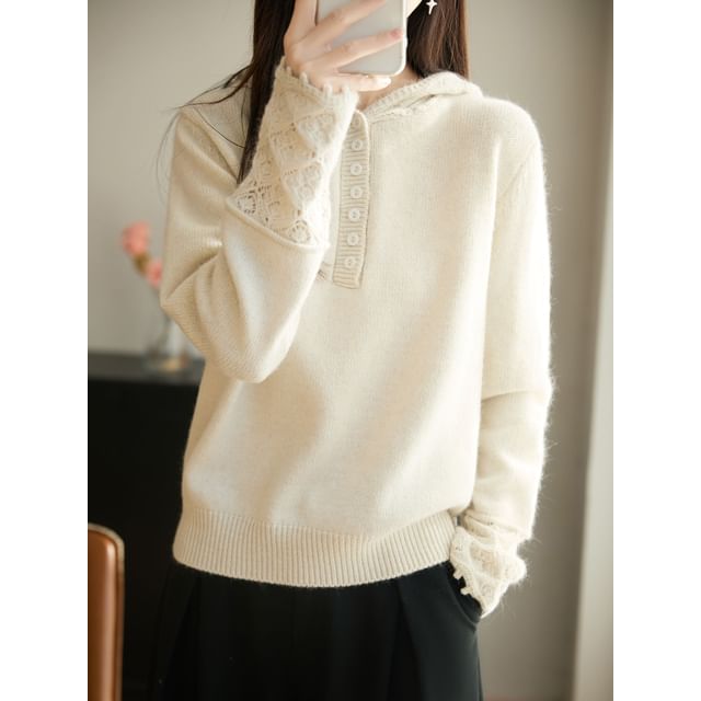 Henley Lace Cuff Hooded Knit Top Long Sleeve
