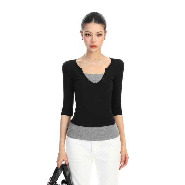 Two-Tone Notch Neck Slim-Fit Tee with Mock Layers
