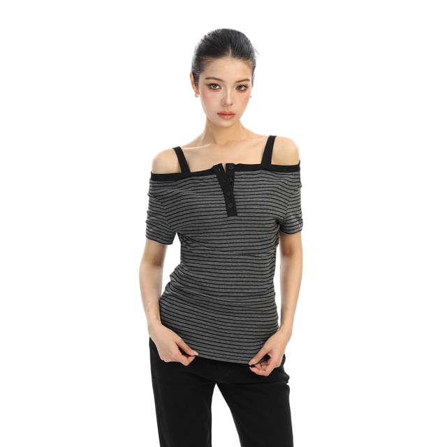 Cold Shoulder Striped Slim-Fit Short-Sleeve Tee