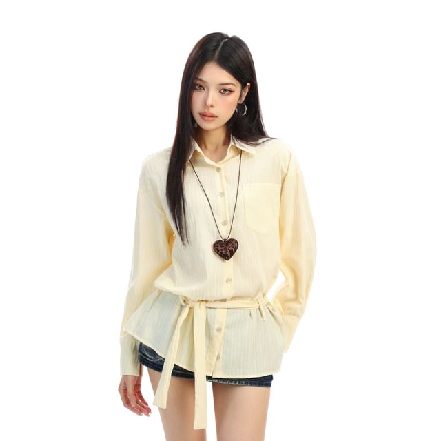 Collared Striped Tie-Waist Long-Sleeve Blouse