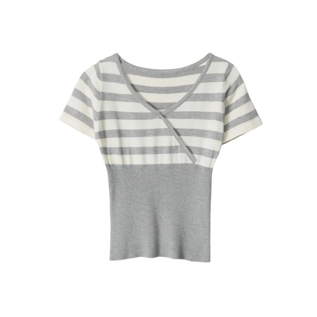 Striped Wrap Knit Top with V-Neck and Short Sleeves