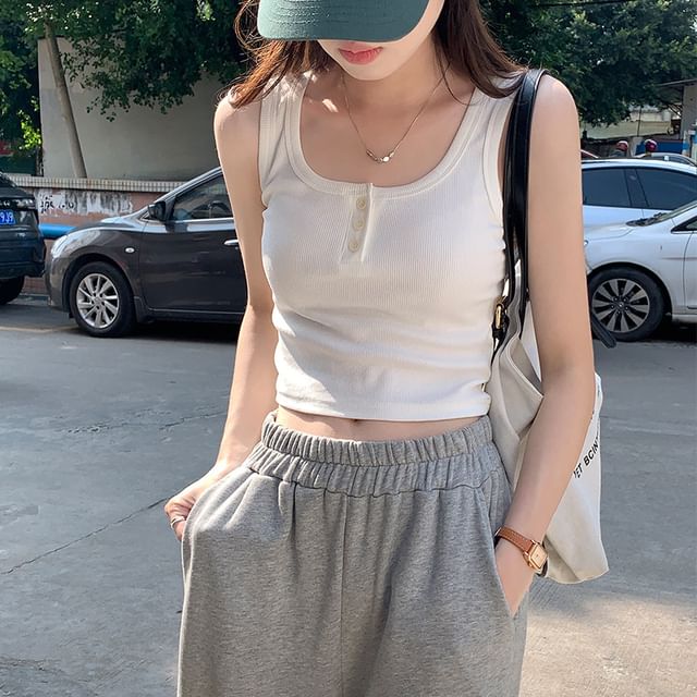 Buttoned Scoop Neck Tank Top