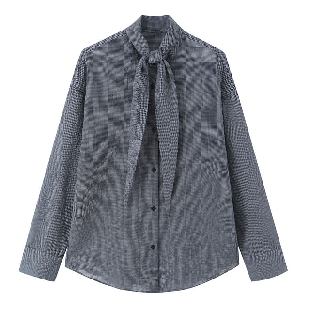 Long-Sleeve Plaid Shirt with Front Tie