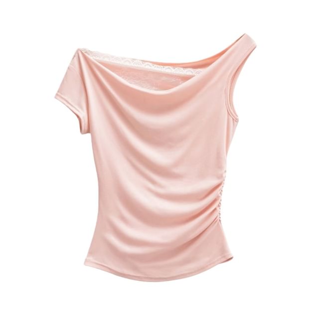 Off-Shoulder Lace Panel Ruched Cropped Tee