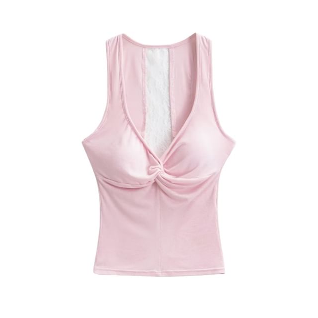 V-Neck Lace Padded Crop Tank Top Ruched