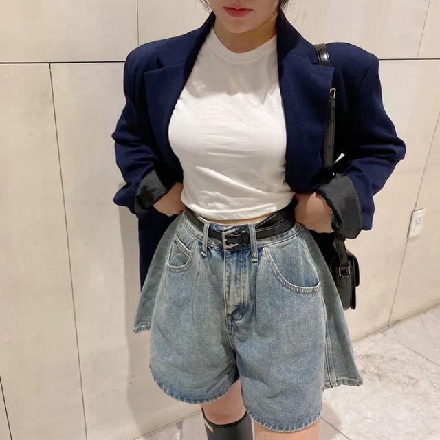 High Waist Washed Denim Wide Leg Shorts