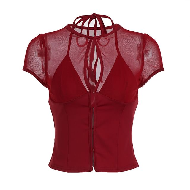Sheer Cut-Out Slim-Fit Crop Top with Short Sleeves