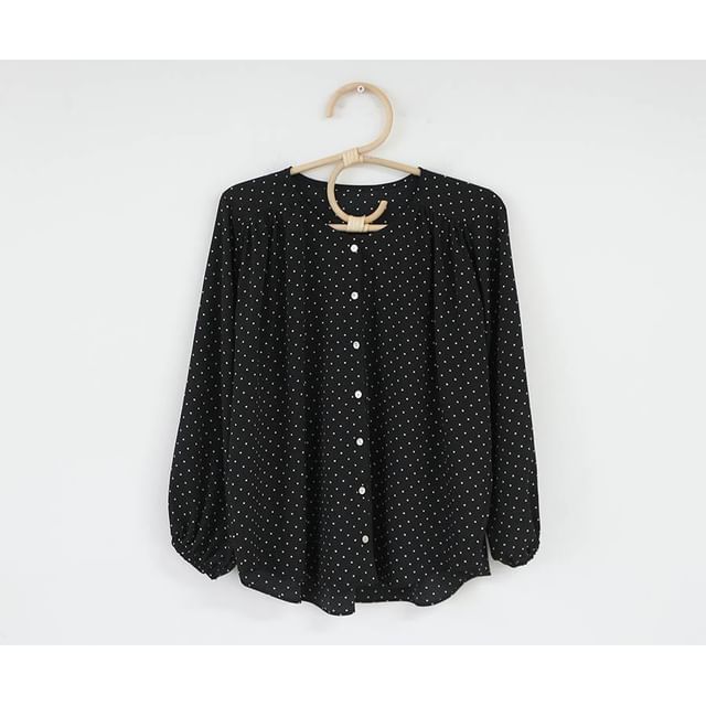 Dotted Round Neck Long-Sleeve Blouse
