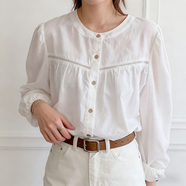 Gathered Panel Blouse with Round Neck and Long Sleeves