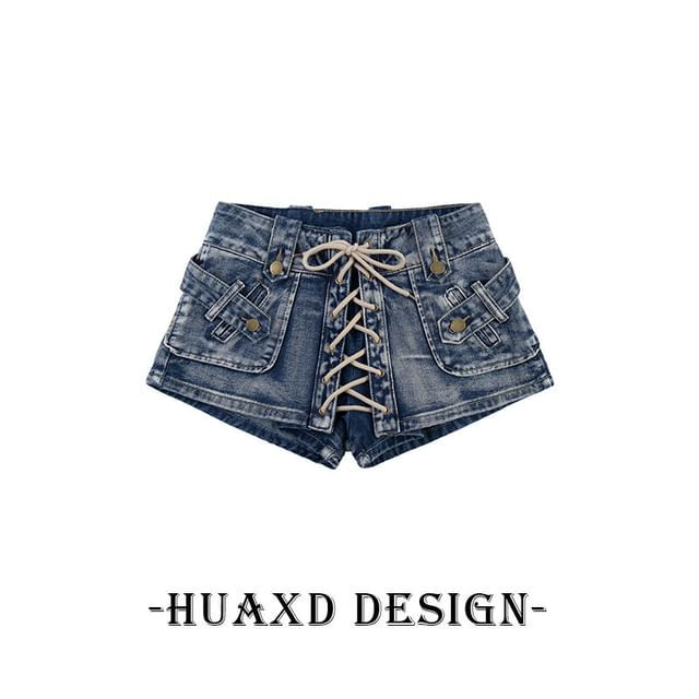 Mid Rise Washed Lace Up Denim Shorts
