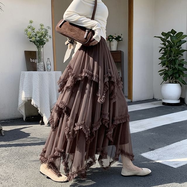 Tiered Maxi A-Line Skirt with Elastic Waist
