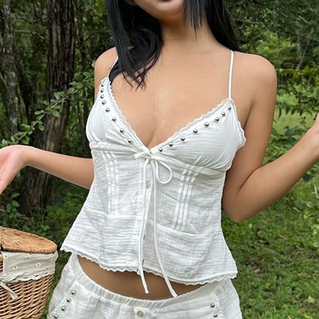 Studded Camisole with V-Neck and Matching Plain Shorts