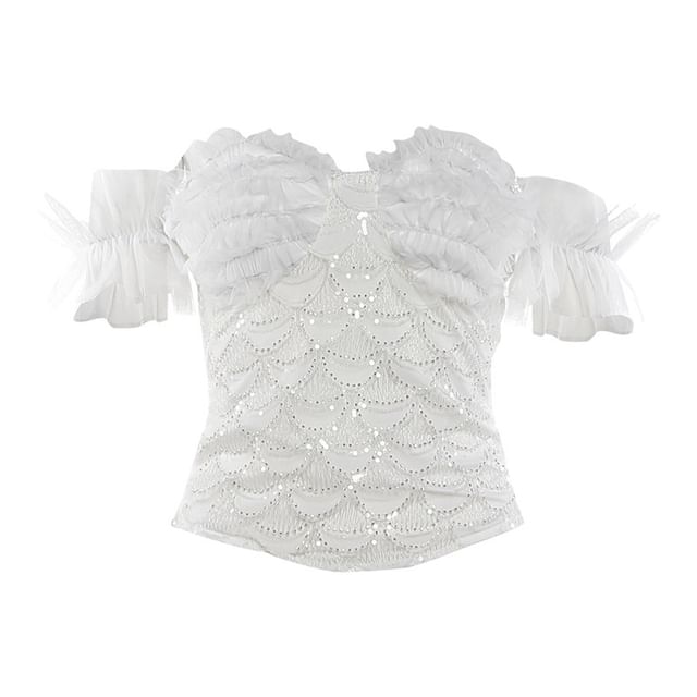 Off-Shoulder Sequin Lace Top and Ruffle Mesh Skirt Set