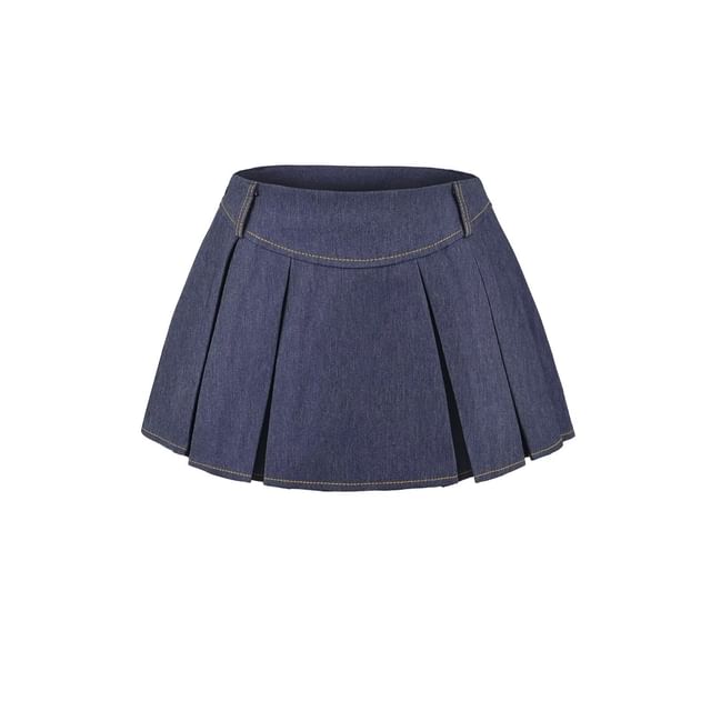 Low Waist Washed Mini Pleated Denim Skirt