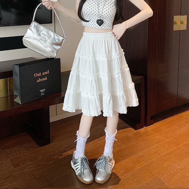 High-Waist Ruffle Trim A-Line Skirt
