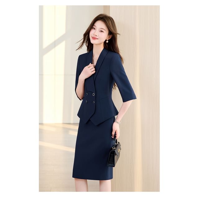 Elbow-Sleeve Double-Breasted Blazer and Midi Pencil Skirt Set