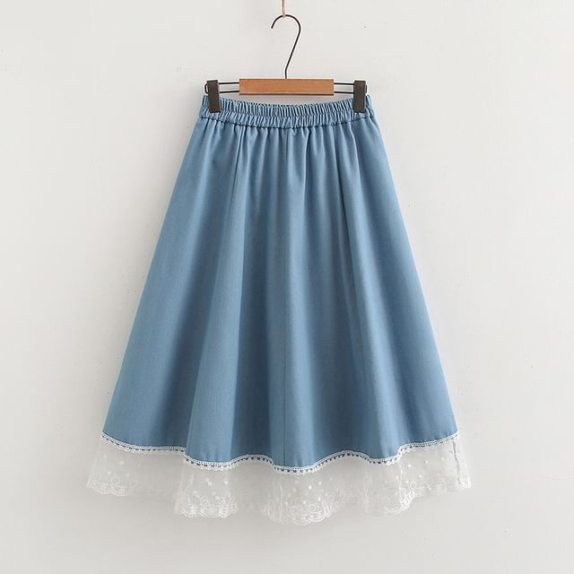 Elastic Waist Lace Panel Denim Maxi A-Line Skirt