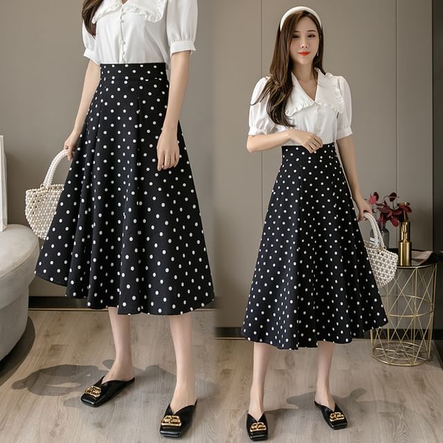 High Waist Polka Dot Midi A-Line Skirt