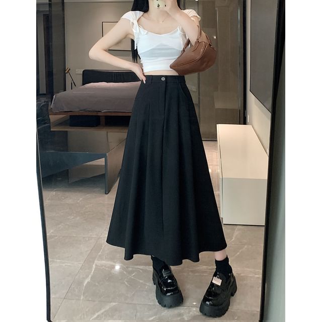 High Waist Plain Pleated Midi A-Line Skirt