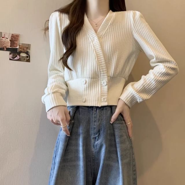 V-Neck Plain Ribbed Knit Cardigan