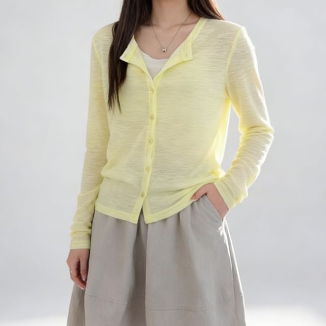 Crew Neck Button-Up Plain Sheer Cardigan