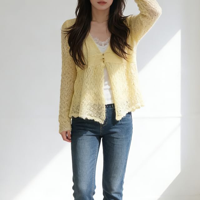 V-Neck Plain Peplum Pointelle Knit Cardigan