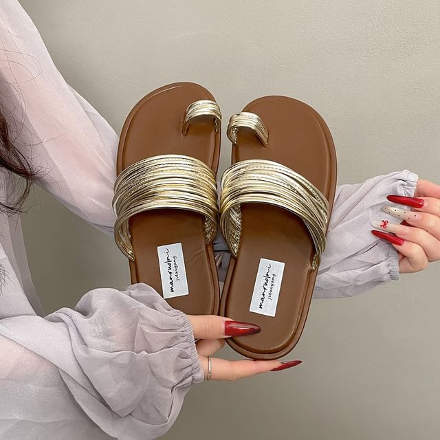 Metallic Multi-Strap Loop-toe Flat Slide Sandals