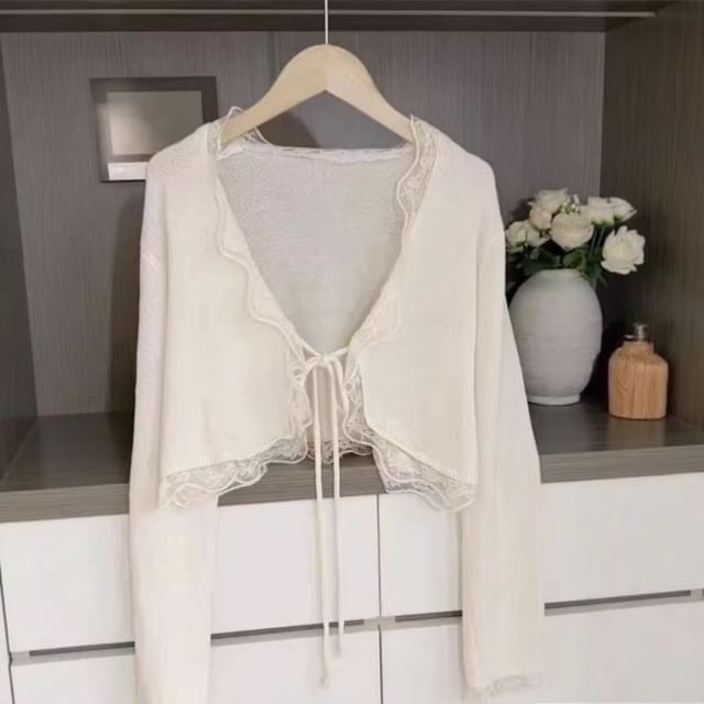 V-Neck Plain Panel Lace Tie Front Cardigan