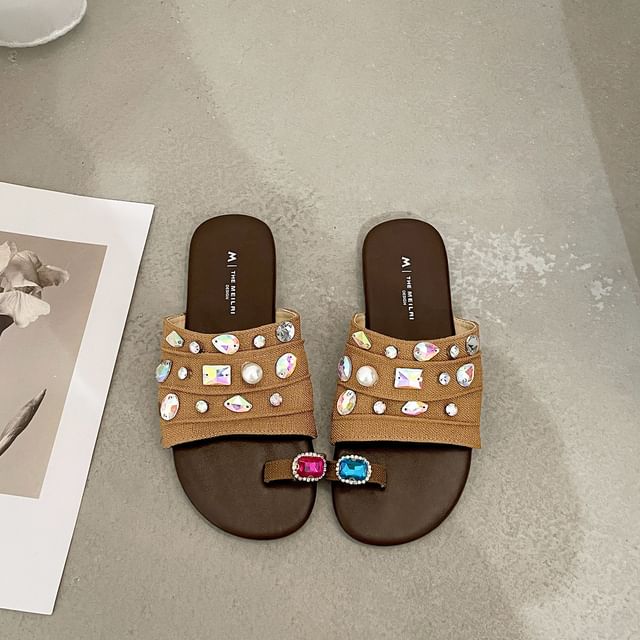 Faux Crystal Loop Toe Faux Leather Slide Sandals