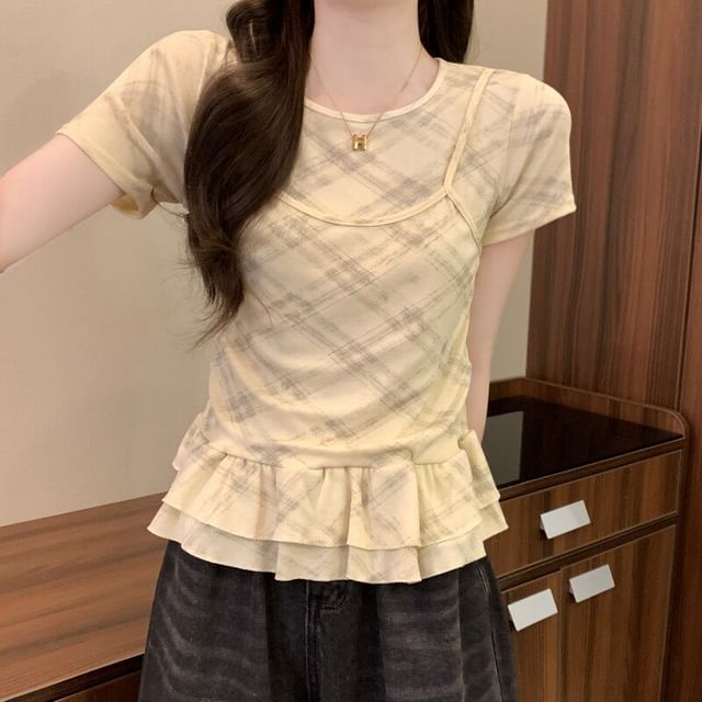 Plaid Ruffle Mock Two-Piece Round Neck Top