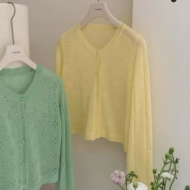 Round Neck Plain Pointelle Cardigan