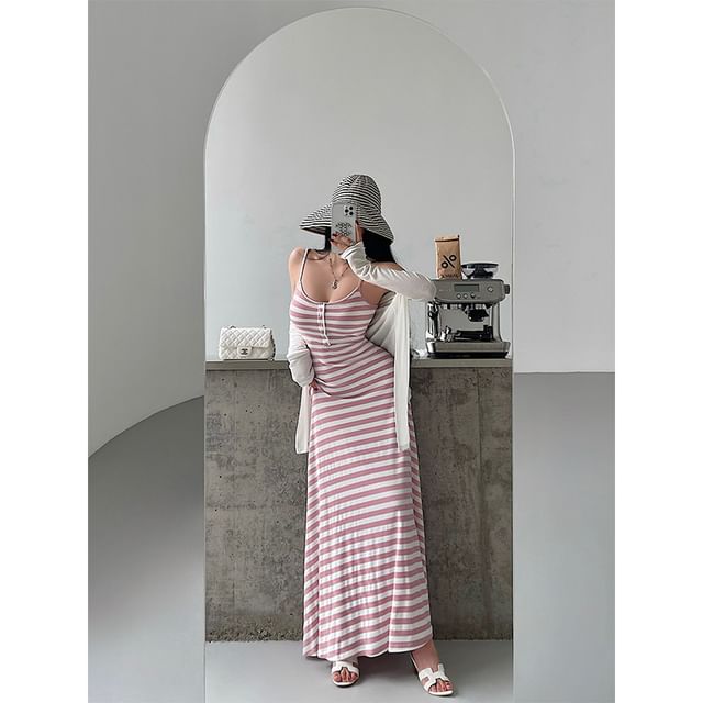 Spaghetti Strap Scoop Neck Striped Maxi A-Line Dress