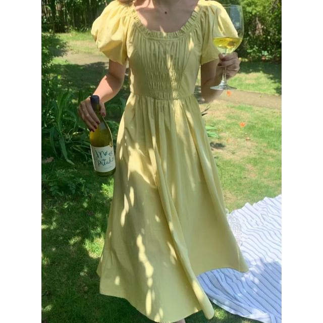 Puff Sleeve Square Neck Plain Ruched Maxi A-Line Dress